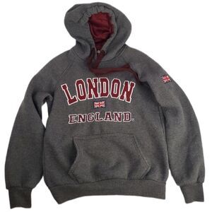 S LONDON ENGLAND GRAY MAROON RED HOODIE HOODED patch SWEATSHIRT SWEATER small